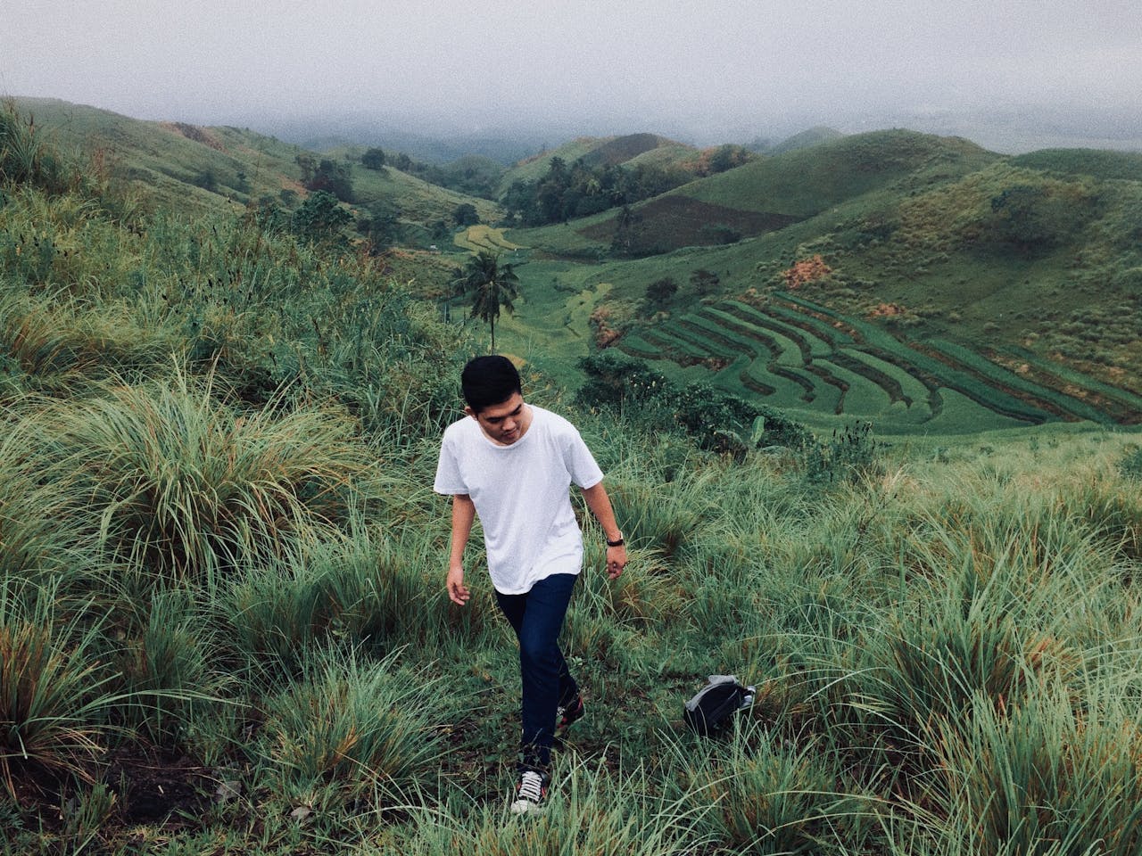 Person exploring lush green hills and scenic rice terraces under a foggy sky.